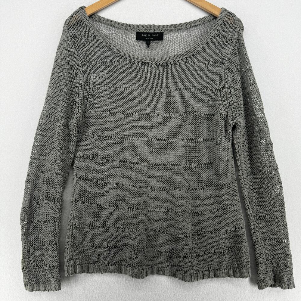 RAG & BONE Sweater Womens S Textured Open Knit Boat Neck Cotton Silk Blend Gray